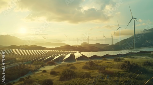 Wind turbines and solar panels capture clean energy, symbolizing eco-tech advancements.
