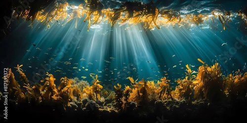 Documentary photography,An expansive view of a kelp forest, with rays of sunlight piercing through the water, highlighting schools of small fish darting between the fronds
