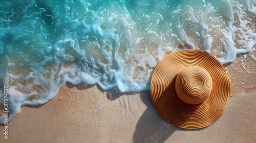 straw hat resting on the sand, with gentle waves lapping at the shore in the background