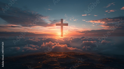  A cross atop a hill, towering above clouds as sun sets behind, casting golden hues Clouds scatter in the foreground