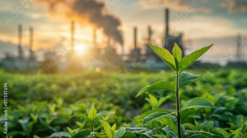Green plant in the foreground with industrial smokestacks behind, a striking visual metaphor for eco-friendly manufacturing practices