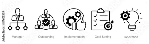 A set of 5 Project Management icons as manager, outsourcing, implementation