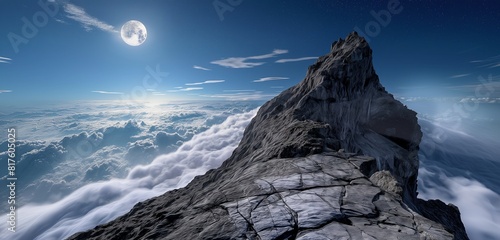 The rocky peak of a mountain with a sharp cliff edge, overlooking a sea of clouds that shimmer under the full moon's light. 32k, full ultra HD, high resolution