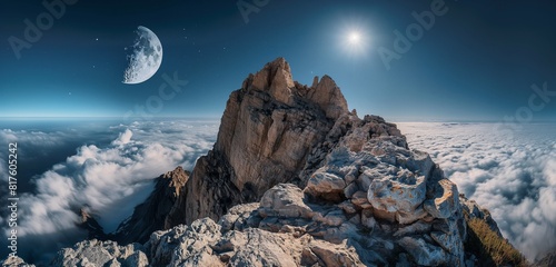 The rocky peak of a mountain with a sharp cliff edge, overlooking a sea of clouds that shimmer under the full moon's light. 32k, full ultra HD, high resolution