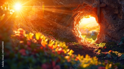 a beaming light within a stony wall, flowers adorn the foreground Sun glows behind
