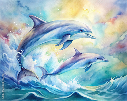 Playful dolphins leaping in the ocean, captured in dynamic watercolor art