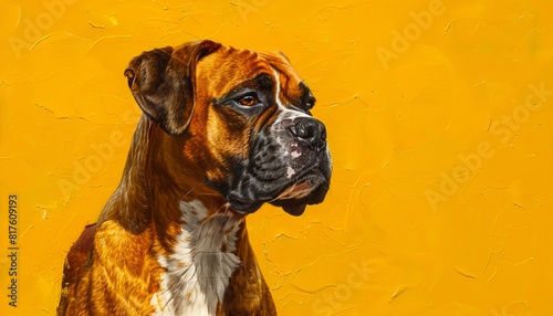 A painting of a boxer dog on a yellow background.