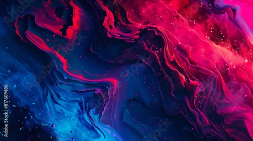 A colorful abstract painting with blue and red colors.