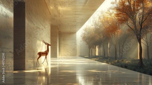 Simple, minimal hallway with a gazelle walking through