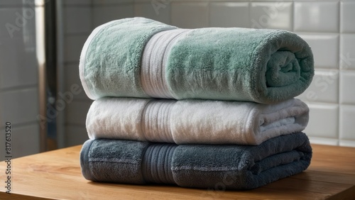 Stack of soft, absorbent cotton towels in a stylish, tranquil bathroom setting.