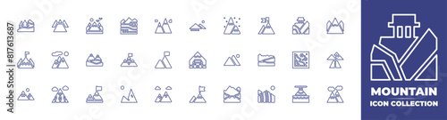 Mountain line icon collection. Editable stroke. Vector illustration. Containing goal, mountain, cottage, altitude, mountains, mountainview, mission, rainbow, nationalpark, landscape.