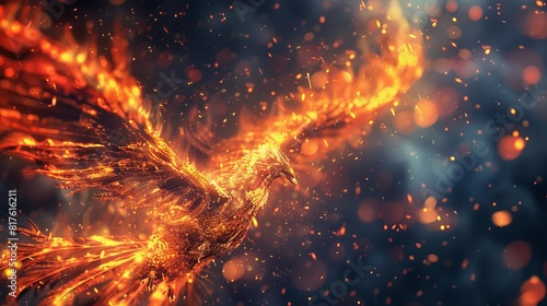 Vivid close-up of a Phoenix in flight, wings ablaze, rising powerfully from ashes, each feather detailed with high-definition focus