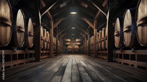 Symmetrical Oak Wine Barrels in Cellar