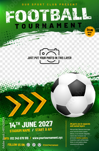 Football or soccer tournament poster template with ball, arrows and place for your photo