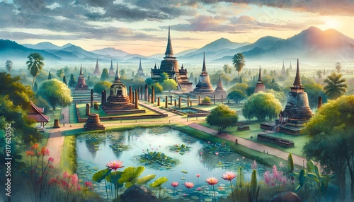 watercolor painting of Sukhothai, Thailand. It beautifully captures the ancient temples and serene landscape in a wide-angle view
