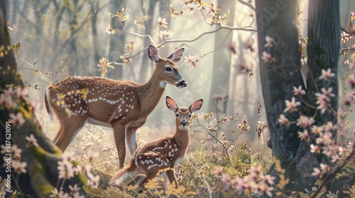 Two deer are standing in a forest with flowers in the background