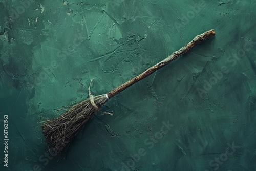 Banner Space for Text: Broomstick: A witch's broomstick with a twiggy end on a muted green background