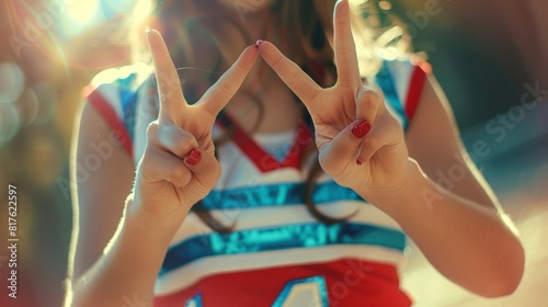 Cheerleader Flashing Peace Signs in Red and Blue Uniform