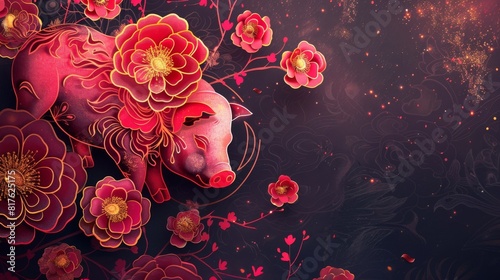 Pig is a symbol of the 2019 Chinese New Year. Greeting card in Oriental style. Red and pink peonies flowers, shiny glitters, decorative elements around Golden zodiac sign Pig on dark background.