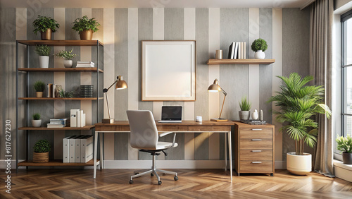 Photorealistic render of a stylish home office with a blank frame