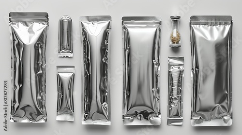 Package on white background, Silver plastic pouch used for food packaging, arranged on a die-cut white background. surrealistic Illustration image,