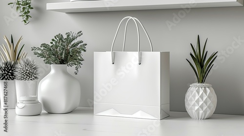 Package on white background, White paper bag with handles, placed on a die-cut white background. surrealistic Illustration image,