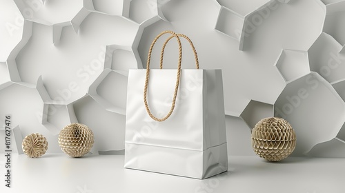 Package on white background, White paper bag with handles, placed on a die-cut white background. surrealistic Illustration image,