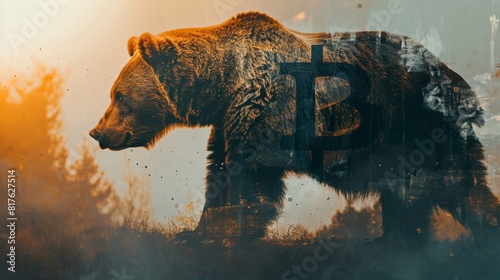 A bear is walking through a forest with a large B on its back. The bear is surrounded by trees and the sky is cloudy. Concept of mystery and intrigue, as the bear's presence