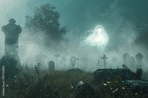 Ghost: A transparent, glowing ghost hovering over an old graveyard amid drifting mists