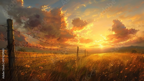 Rustic Barbed Wire Fence Glowing in Warm Sunset Light over Field