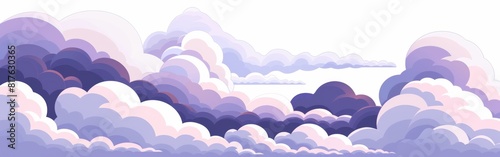 A sky full of clouds with a white background. The clouds are mostly white and purple, with some blue and pink clouds mixed in