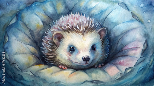 A baby hedgehog curled up in a watercolor burrow, with prickly spines visible.