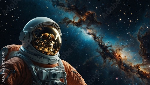 An astronaut turned into a skull floats in the abyss of space, surrounded by a cosmic ocean of galaxies and nebulae that form unique constellations.
