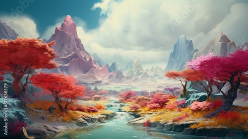 Colorful 3D animation mimicking oil paint textures, vibrant landscape, eyelevel view