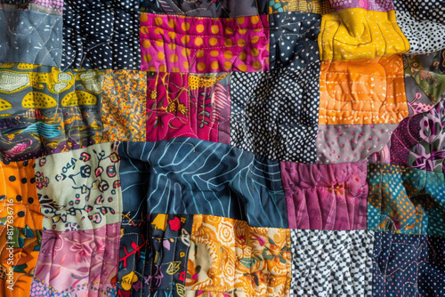 Closeup view of a patchwork quilt, with different fabrics and stitching patterns contributing to the textured design. 