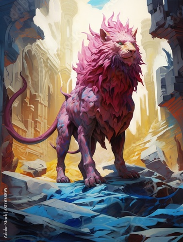 Vibrant chimera in oil paint style 3D animation, prowling in mystical ruins