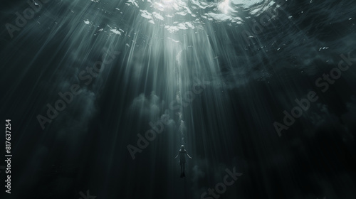 sun rays through deep sea with a diver swimming alone