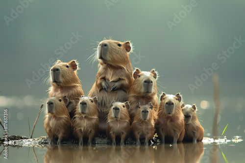 A gathering of capybaras standing upright, their heads tilted in curiosity as they inspect a strange phenomenon at the water's edge