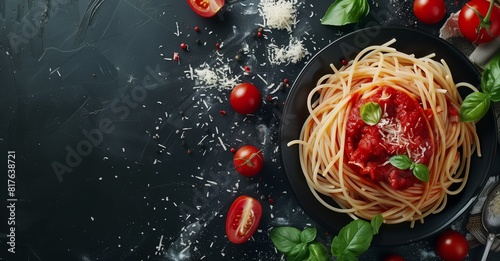 Flat Lay of Spaghetti with Tomato Sauce and Parmesan on Dark Background