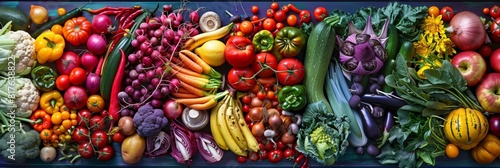 Colorful Rainbow Healthy Organic of Fruits and Vegetables, Overhead View