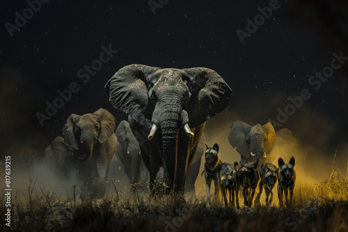 A group of elephants defending their young from a pack of wild dogs in the darkness, the scene lit by the glowing eyes of the predators
