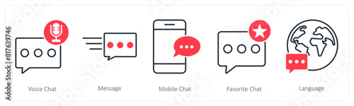 A set of 5 communication icons as video chat, message, mobile chat