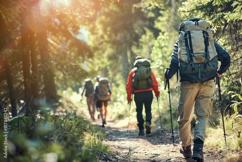 rugged beauty of a forest trail, a commercial photo features hikers trekking through scenic landscapes, their backpacks and hiking poles signaling their adventurous spirit. With da