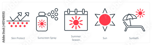 A set of 5 Sun Protection icons as skin protect, sunscreen spray, summer season