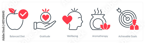 A set of 5 Wellness icons as balanced diet, gratitude, well being