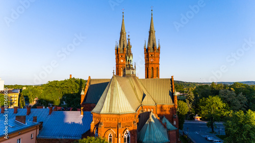 Aerial drone view of Tarnow townscape , Poland. Church of Holy Family.