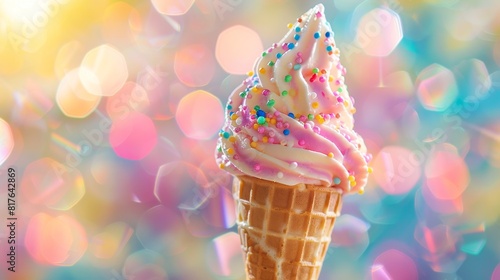 Colorful ice cream cone with sprinkles on pastel bokeh background