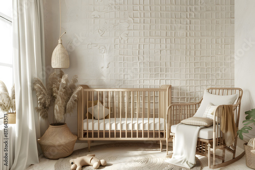 Modern nursery room with natural wooden furniture