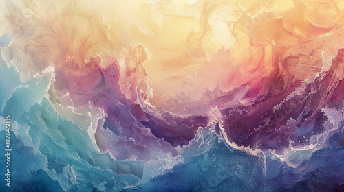 Abstract watercolor artwork of pastel-colored waves, suggesting motion and fluidity, wide angle shot 