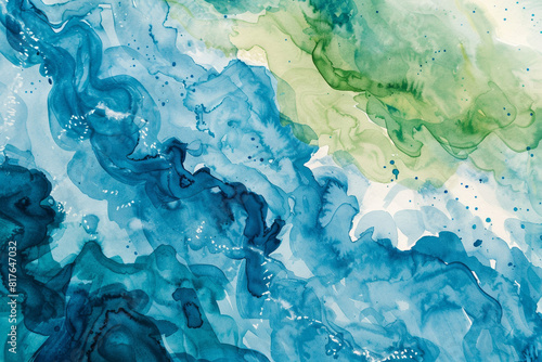 Closeup of watery blue and green watercolor, mimicking ocean waves for a child's room 